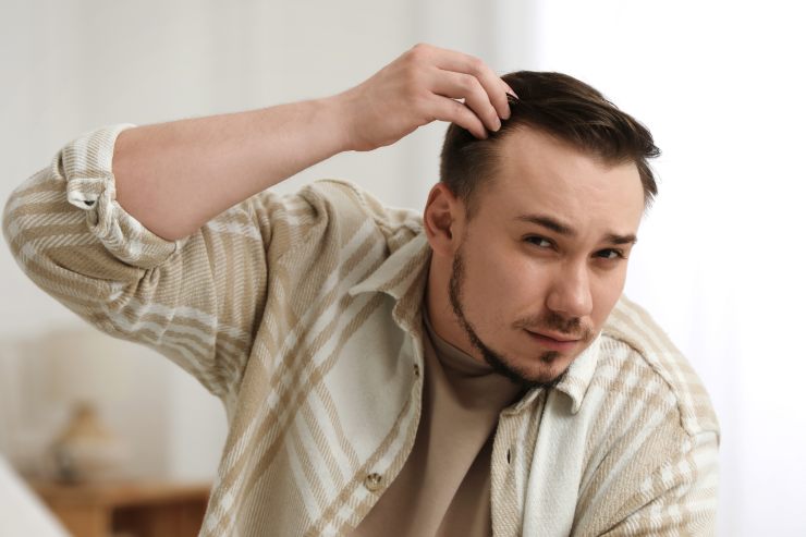uomo che controlla allo specchio i propri capelli